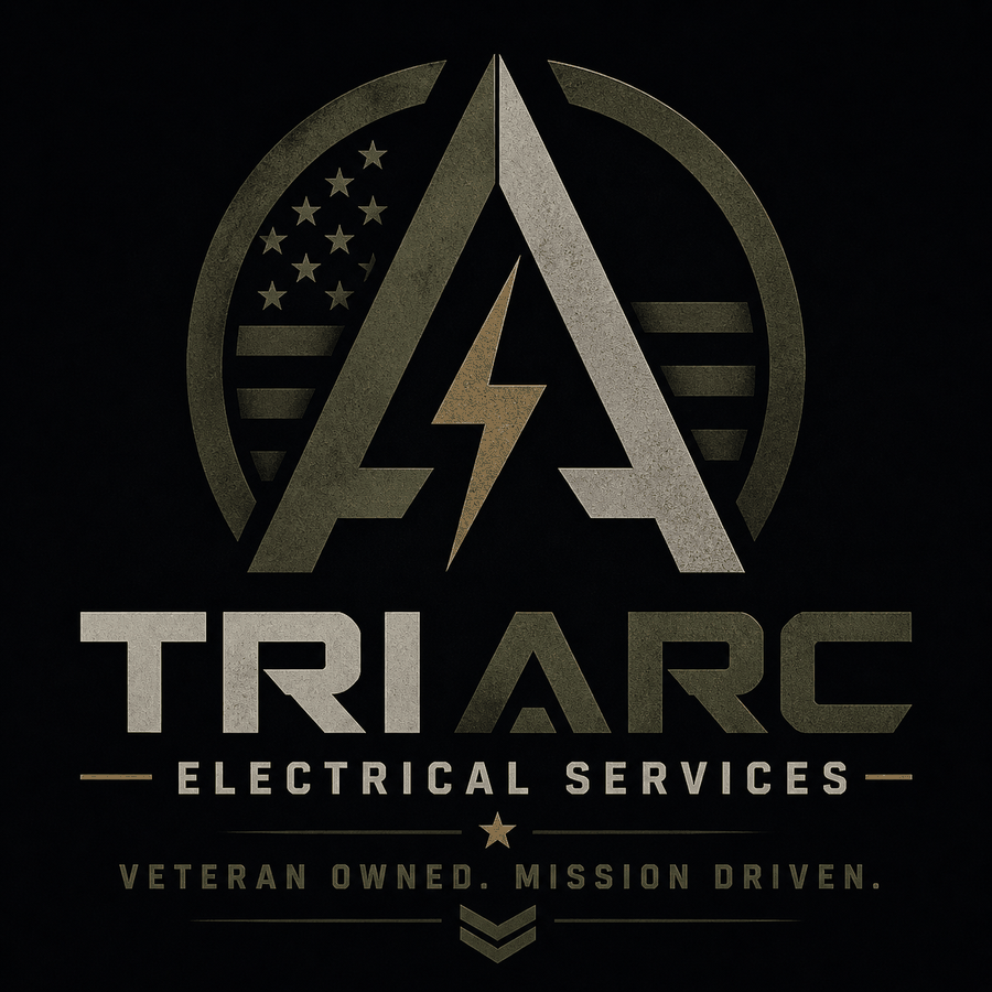 Triarc Electrical Services logo: a stylized olive and slate letter A with a gold lightning bolt, above the words TRIARC, Electrical Services, Veteran Owned. Mission Driven.